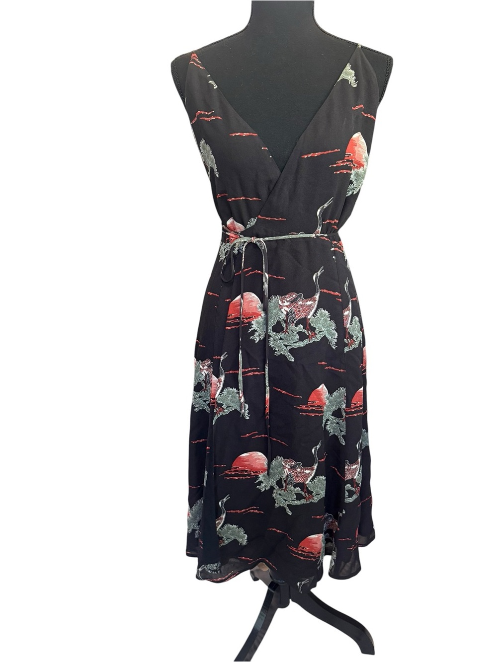 Reformation Black V-Neck Wrap Dress with Red Sunset Print